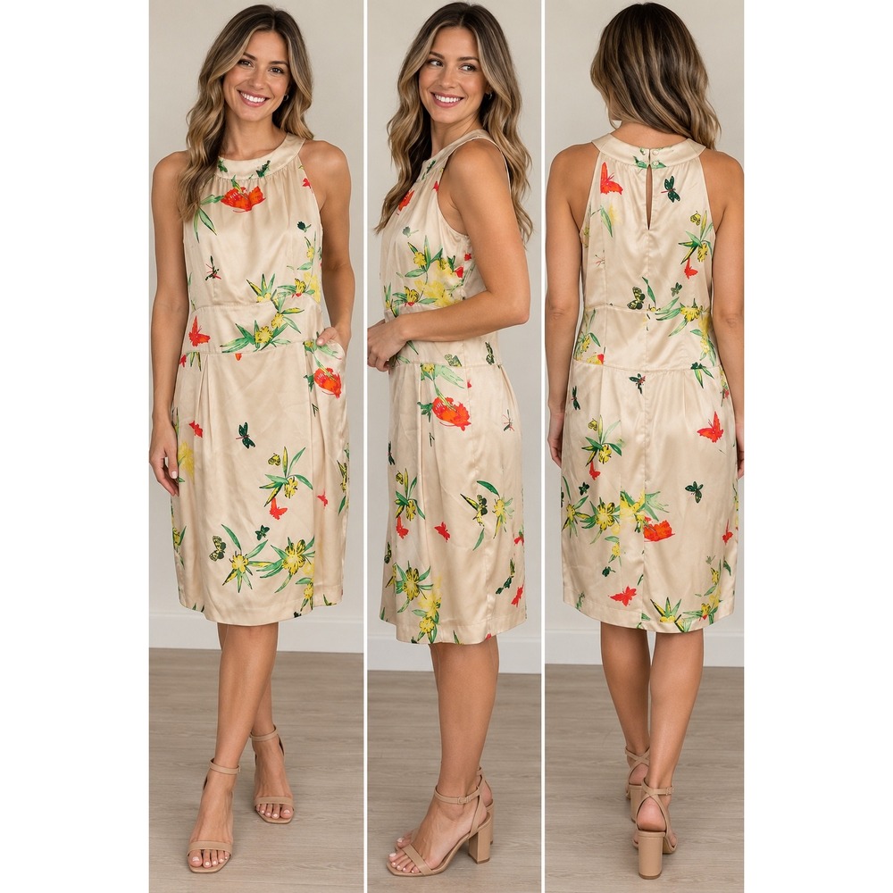 H&M Floral Butterfly Dragonfly Satin Halter Cocktail Dress Champagne Pink Sz 8